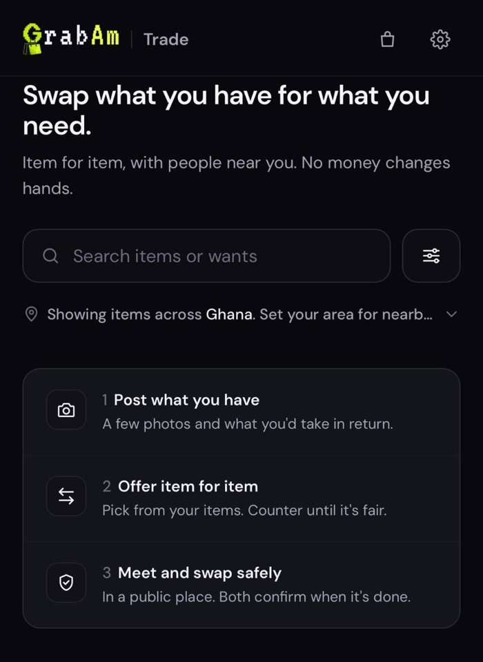 GrabAm Trade home screen